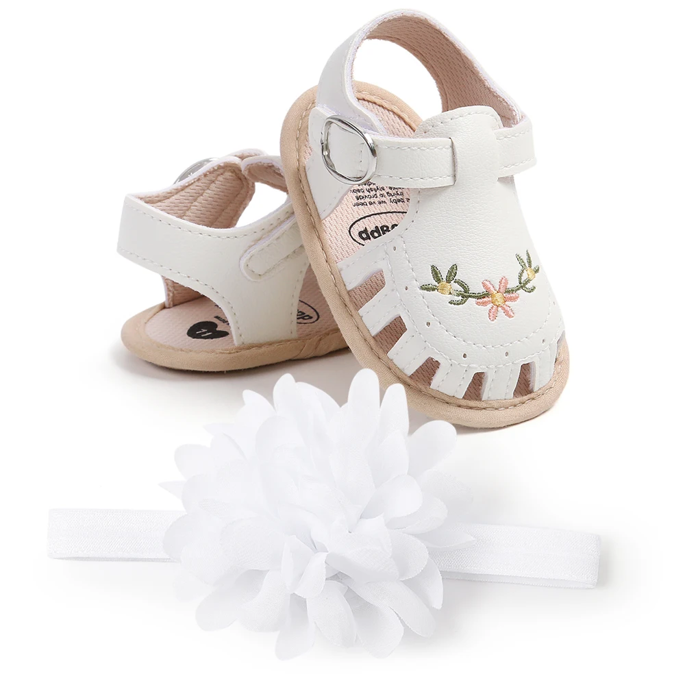 Leisure and comfortable baby girl sandals, breathable and lightweight summer floral toe wrap sandals with large floral headbands