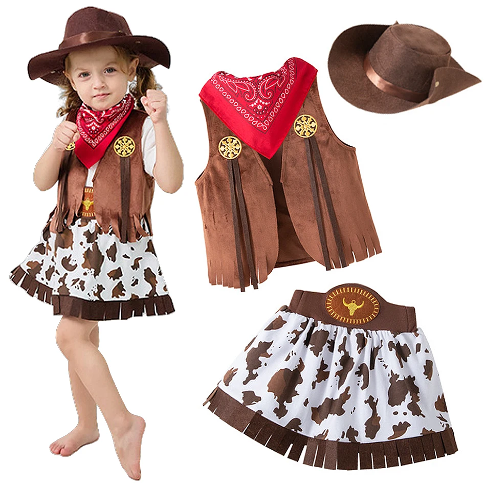 

Children Cowgirl Role Play Outfits Kids Birthday Carnival Party Costumes Girls Halloween Xmas Cosplay Vest Skirt Hat Charm Set