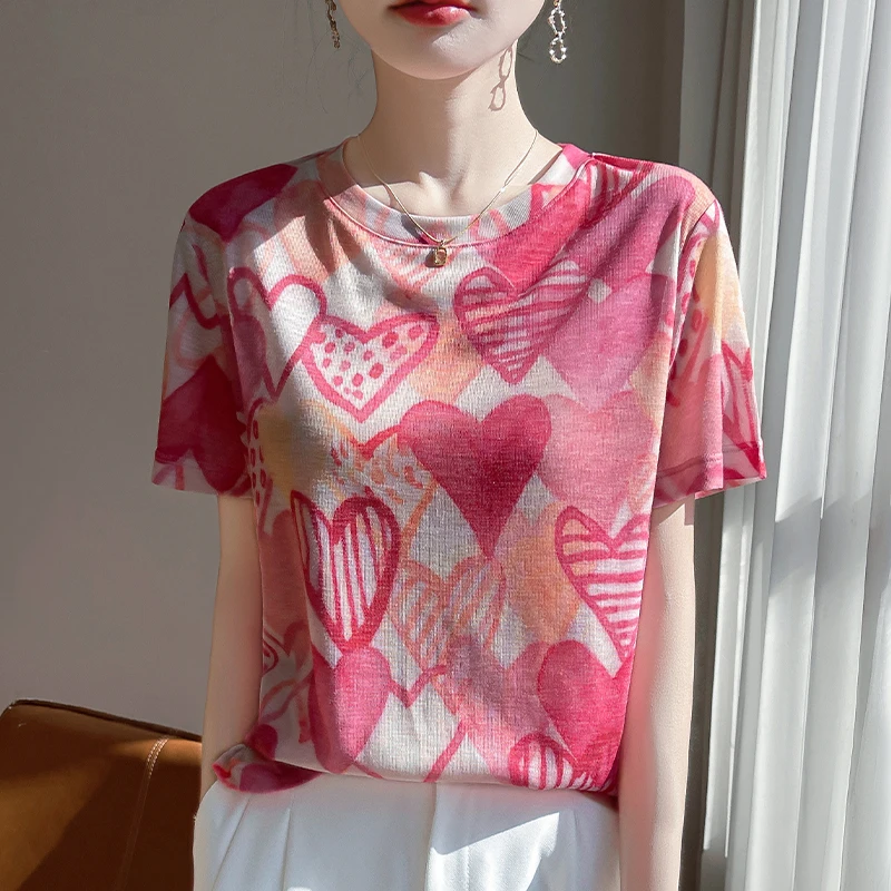 

Summer New Texture Printed T-shirt Female Lyocell Round Neck Thin Loose Knit Short Sleeve Bottoming Shirt