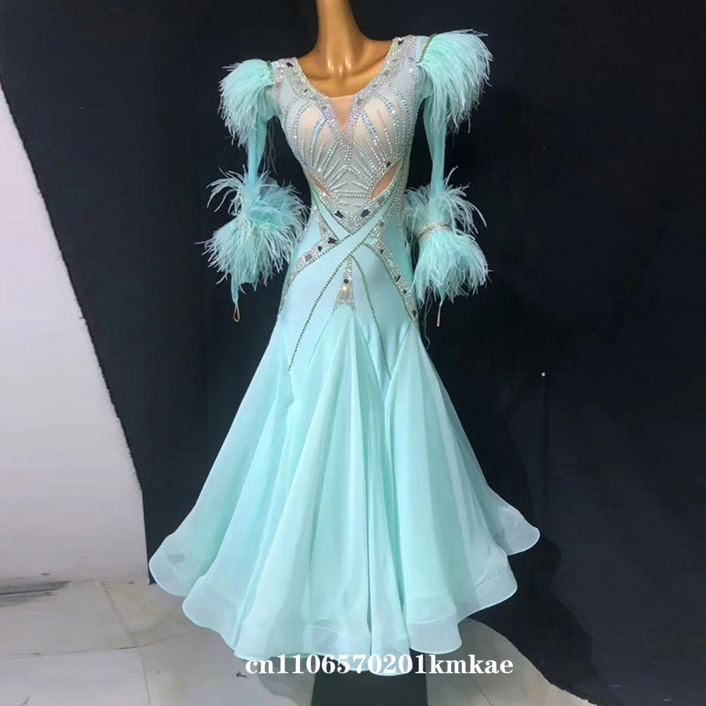 

Elegant Mint Green Ballroom Competition Dress with Feather, V-neck Rhinestone Standard Dance Gown, Long Flared Skirt for Waltz