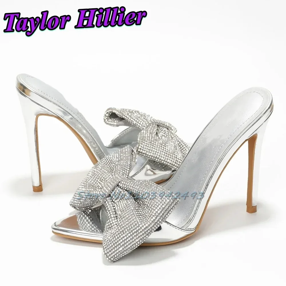 

Silver Rhinestone Bow Heeled Sandals Pointed Toe Slip On High Heels Shallow Solid Sandalias De Mujer Scarpe Da Donna Blue 2025