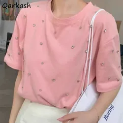 Minimalist T-shirts for Women Diamonds Fashion Short Sleeve Summer All-match Solid Loose College Girls Young Korean Style Ins