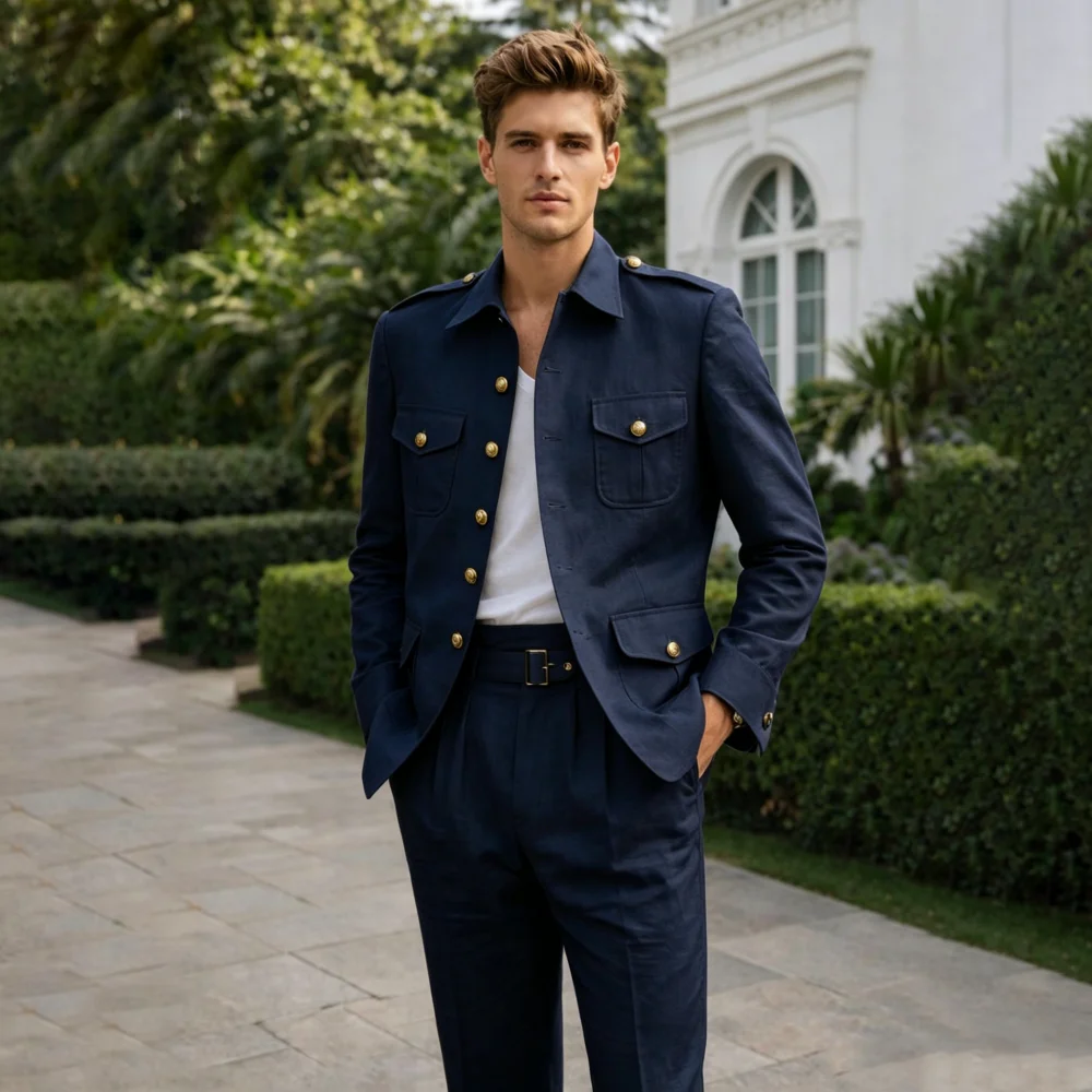 Linen Safari Suits for Men Single Breasted Vintage Tailored 2 Pieces Set for Wedding Groom Guest Formal Party (Jacket +Pants)