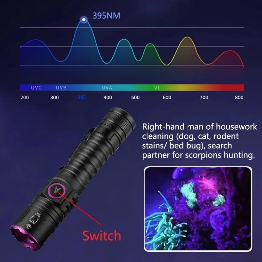 365/395nm UV Flashlight Zoom Type-C USB Rechargeable Black Light For Identification,Pet Urine Detection,Scorpion With Battery