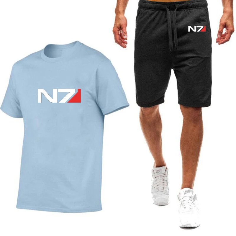 

2025 Summer Man's Two-Piece Sportswear Mass Effect N7 Logo Print Running And Fitness Short Sleeved T-shirt+Sweatpants Suits