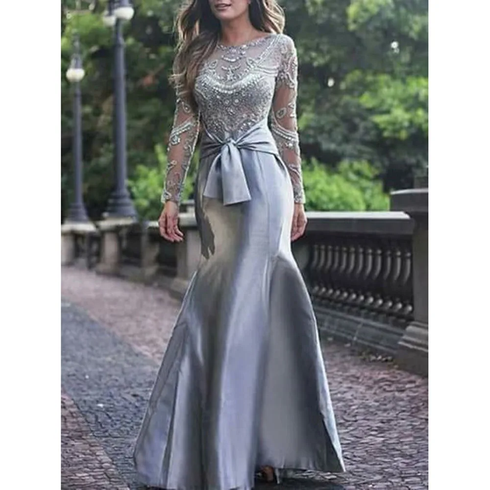 Elegant Gray Mother of the Bride Trend Dresses 2024 O-Neck Floor Length Full Sleeves Trumpet Fancy Luxury Women Prom Gowns