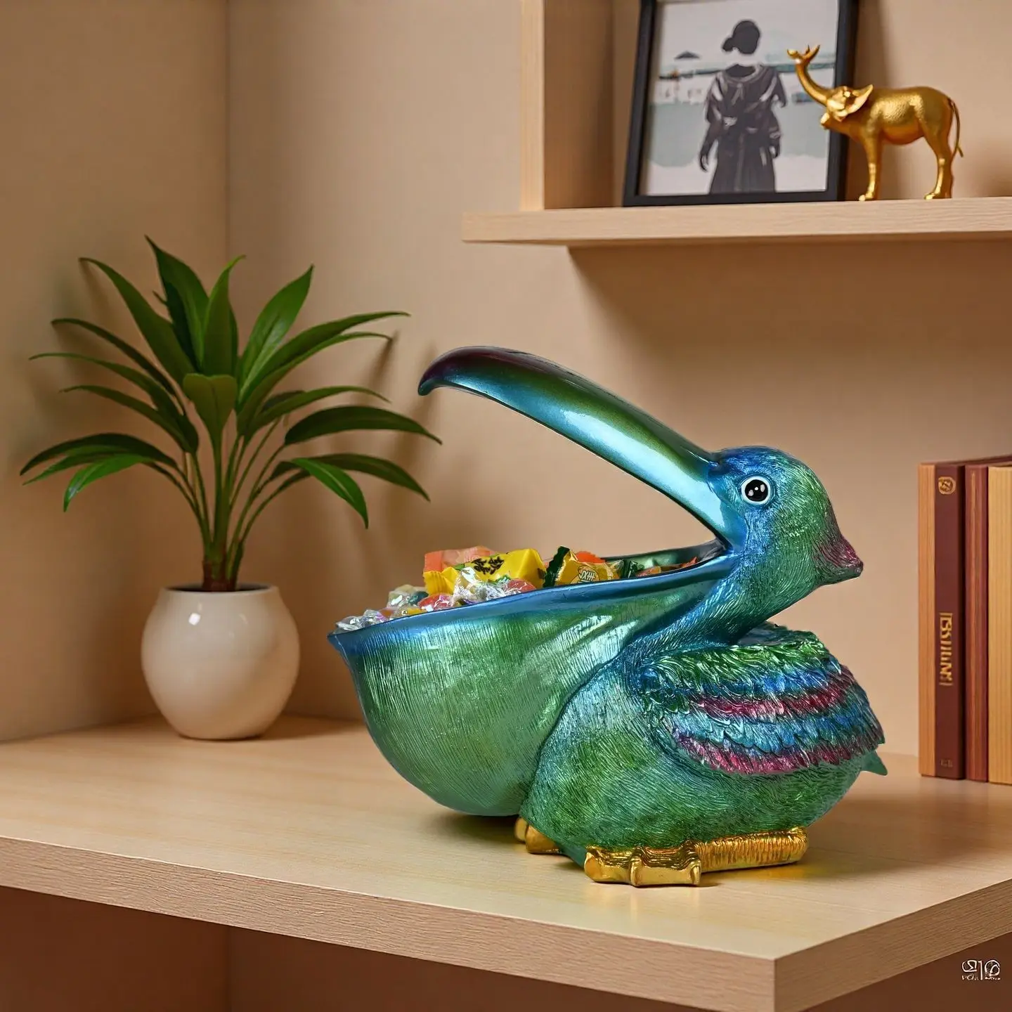 Pelican Storage Bowl Resin FigurineShiny Multicolor Bird Statue Key Holder Candy Dish Entryway Organizer Coastal Home Decor Gift