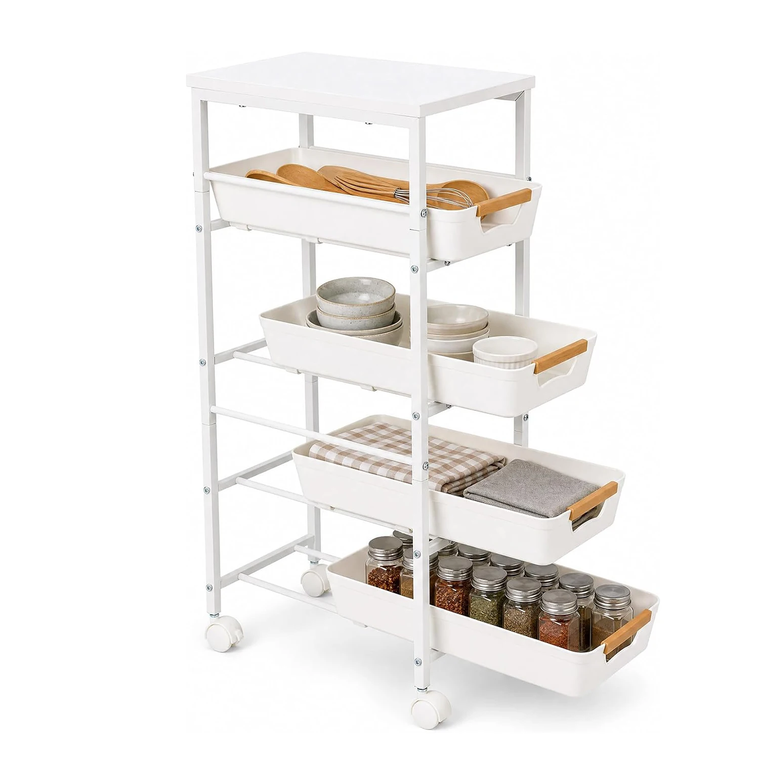 5-Tier Slim Rolling Storage Cart, Narrow Kitchen Cart with Wooden Top and Pull-Out Baskets, Mobile Shelving Unit Organizer for Kitchen, Bathroom, Laundry image 7