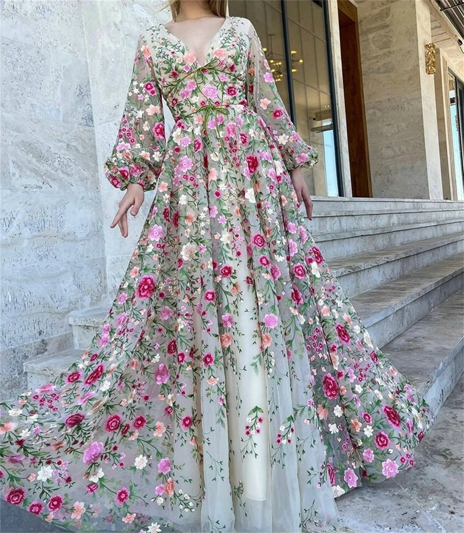 Aileen V-neck Embroidery Custom Made Puffy Sleeves 3D Flowers Elegant Party Dresses 2024 for Wedding Women Evening Dress Long