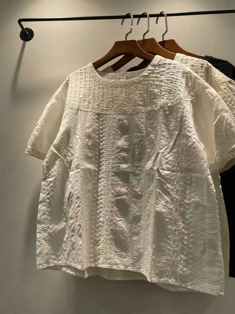 

Летняя женская футболка 2024 в корейском стиле с вышивкой, круглым вырезом, из чистого хлопка, свободного кроя, повседневная, цветная