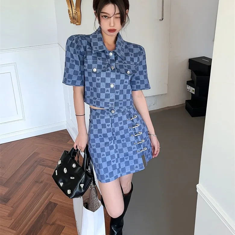 

Summer Plaid Heart Shaped Top High Waist Split Skirt Two Piece Set Women's Fashion Casual Wear Short Sleeve Button up Shirt