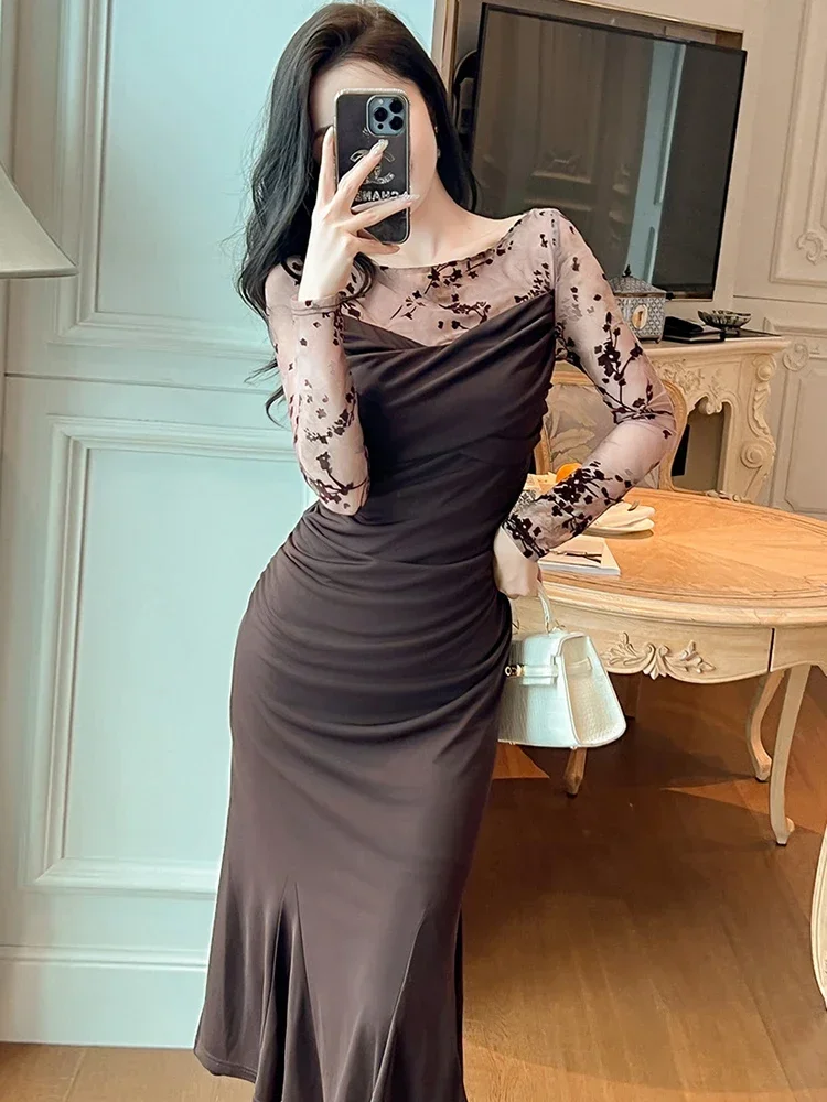 

New Fashion Spring Autumn Mermaid Long Dresses For Women Clothing Mujer Ladies Elegant O-Neck Bodycon Elastic Dress Robe Femme