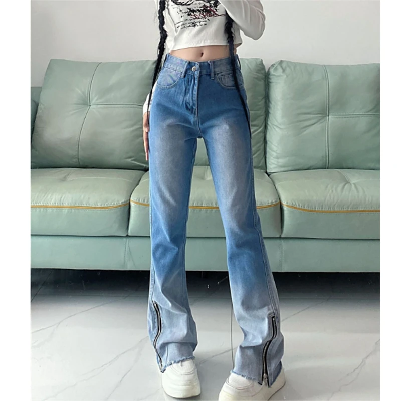 Y2k celana panjang Jeans wanita, celana panjang Denim ramping gradien Streetwear bergaya antik ritsleting pinggang tinggi untuk wanita 2023