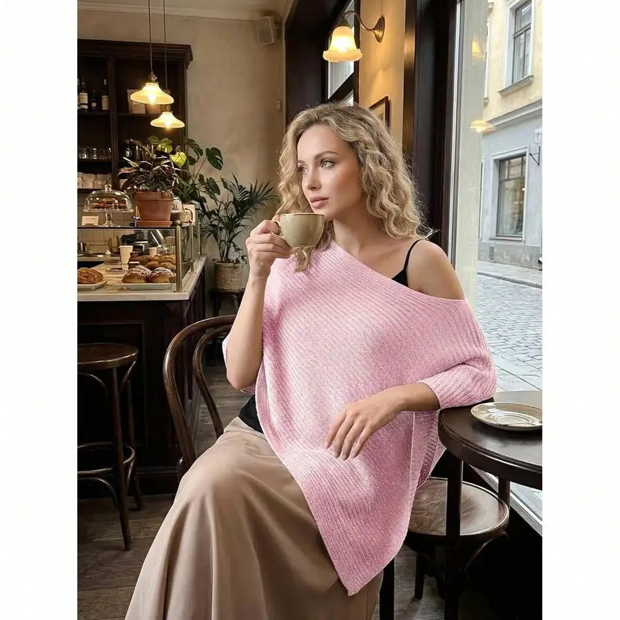 

Off Shoulder Asymmetric Knit Poncho Top For Women Soft Shiny Lightweight Shawl Wrap
