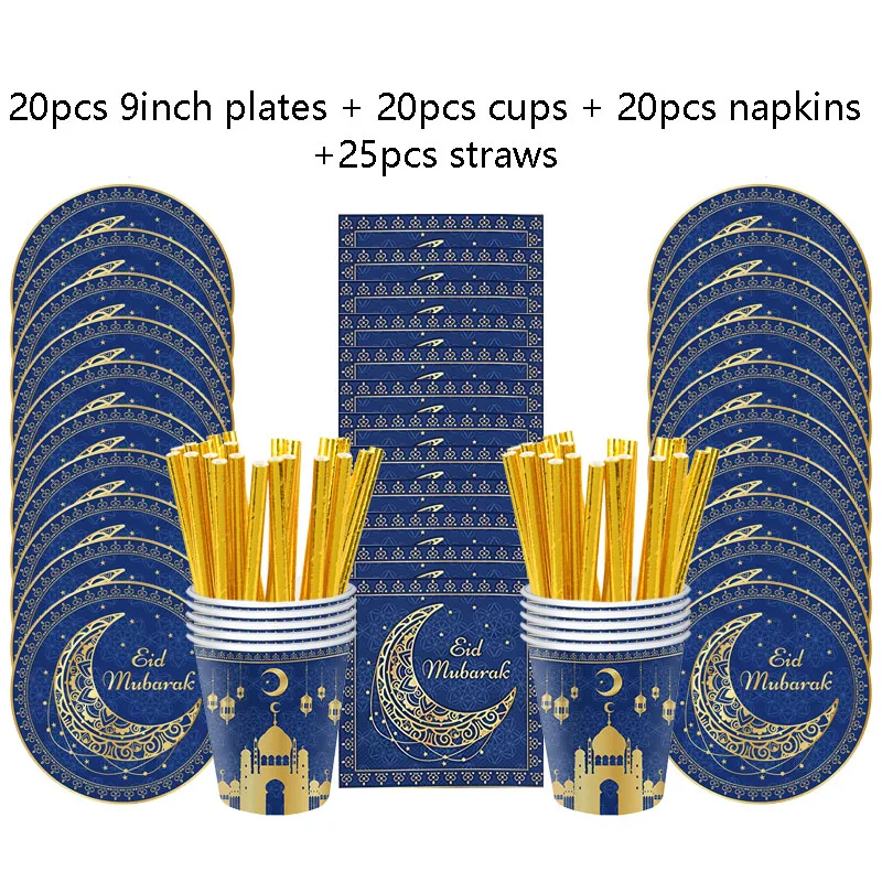 Eid Mubarak – ensemble de vaisselle jetable, fournitures de fête du Ramadan, assiettes en papier, gobelets, serviettes, nappe, décoration de fête musulmane islamique