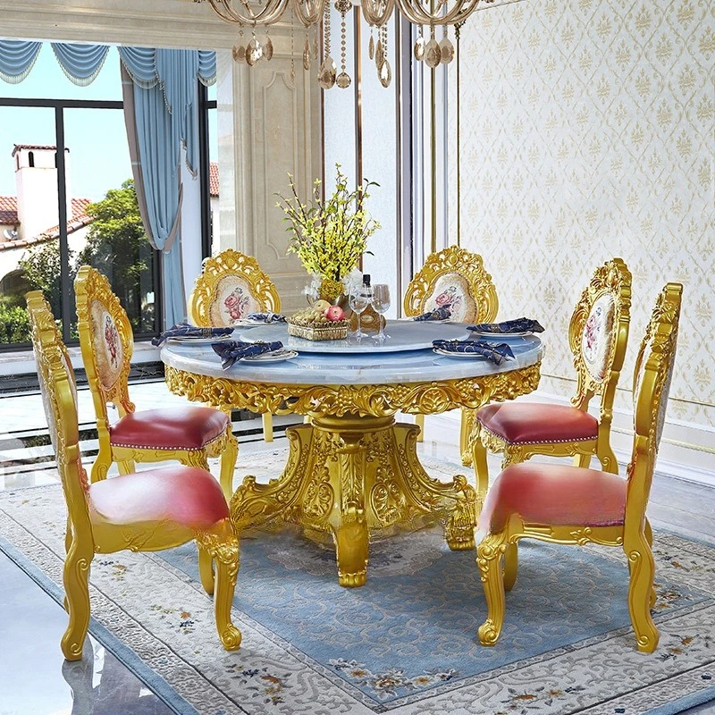 European round marble dining table hand-carved solid wood dining table French villa leather