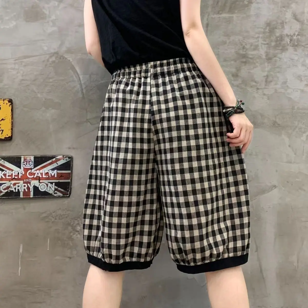Ladies Black Sports Pocket Wide Leg Pants Comfortable Straight Elastic Waist Casual Plaid Shorts Printing Women's Clothing