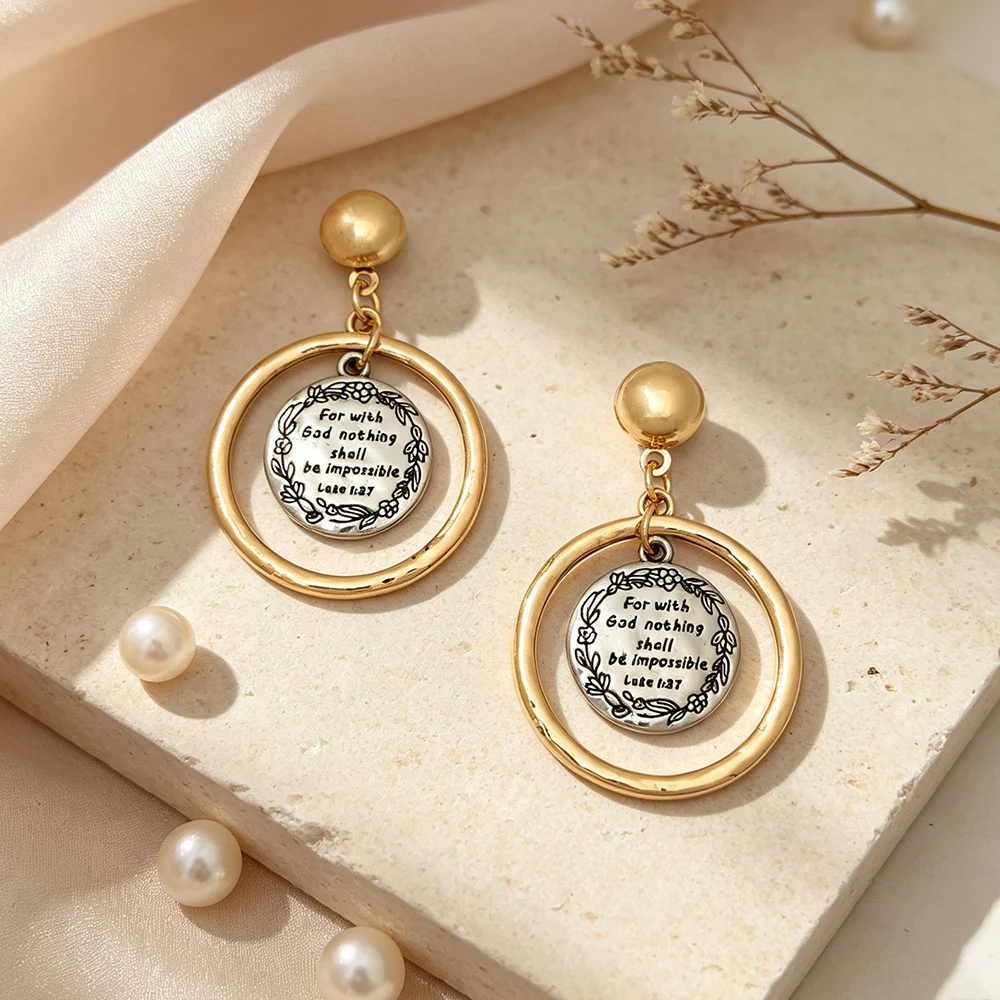 English Lettering Engraved Round Pendant Earrings, Gold and Silver Contrasting Color Large Hoop Design, Women's Casual Wear Decorative Earrings