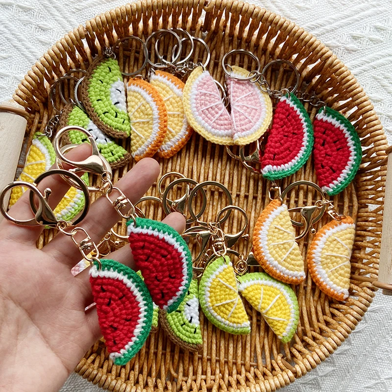 Hand Crocheted Hook Woven Fruit Keychain Wool Keyrings Car Keys Knitted Bag Pendant Handmade Jewelry Gift Yellow Lobster Buckle