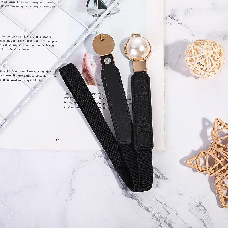 Elegant Elastic Women's Belt with Double Pearl Buckles  Slim BeltWomen's Decorative Belt for Skirts  Skirt Hem