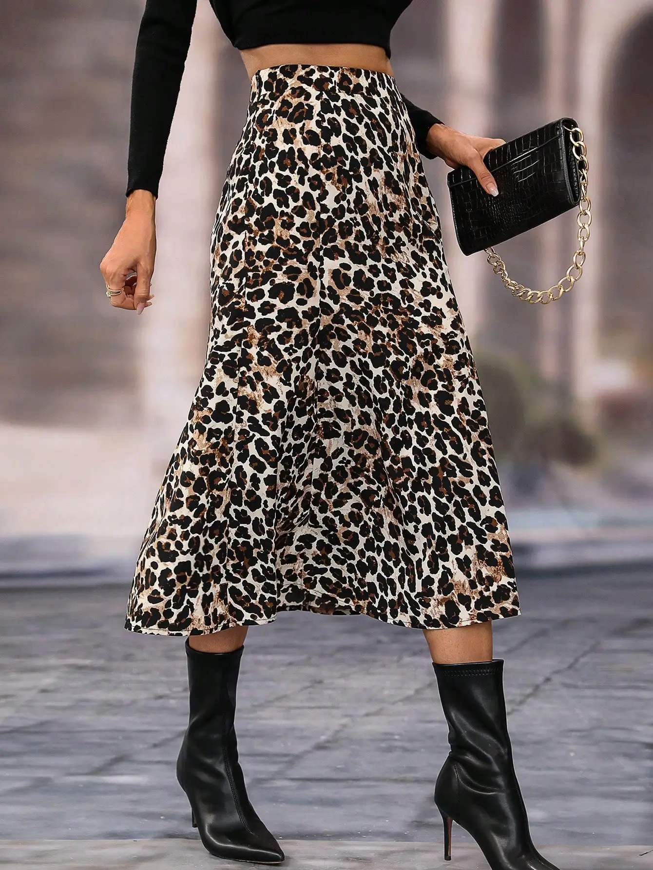 Women Leopard Print Midi Skirt 100% Polyester High Waist A Line Swing Flared Skirt Vintage Casual Mid-Calf Skirts for Ladies
