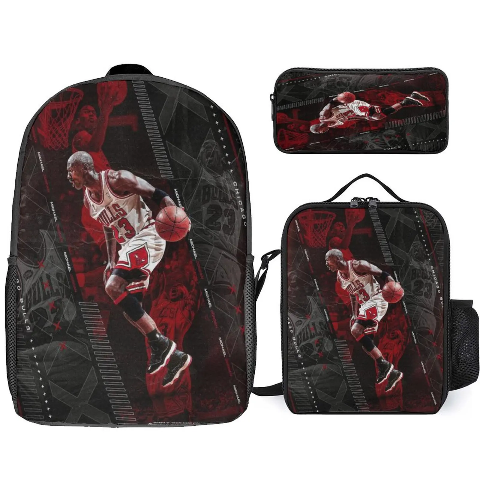 

3-Piece Back-To-School Season New Custom Basketball Schoolbag Meal Bag Pen Bag Boys Girls Large Capacity Computer Bag 17 Inch