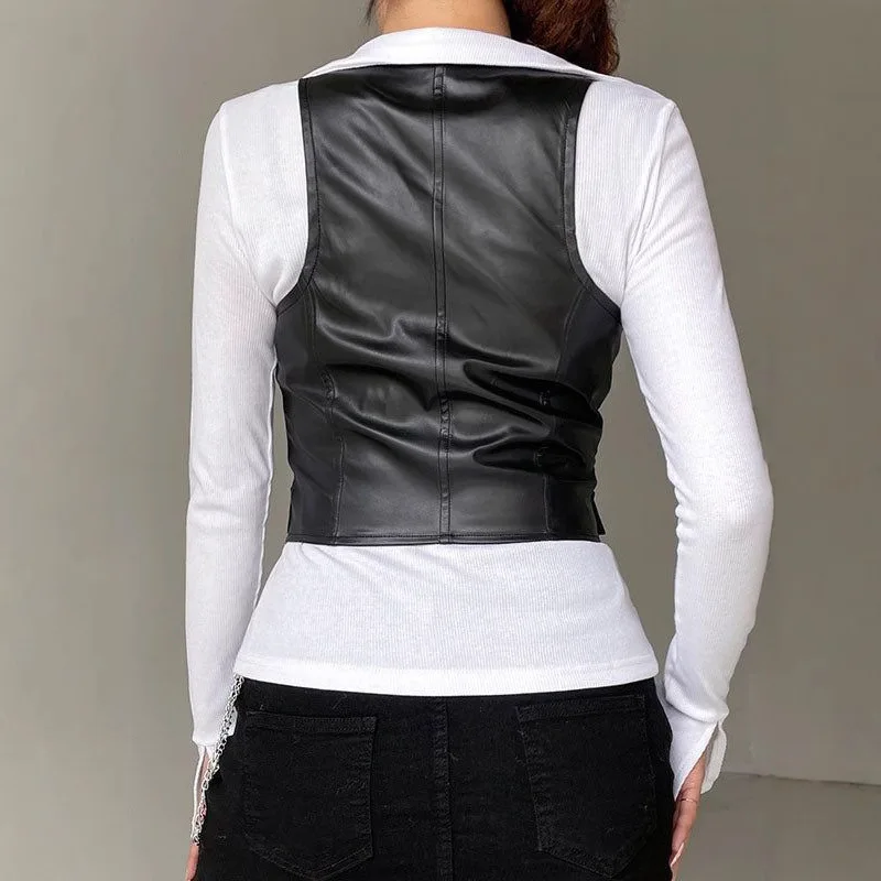 Rompi Wanita Kulit Imitasi Mantel Solid Tanpa Lengan Kerah V Kancing Tunggal Slim Kasual Streetwear Musim Gugur Musim Dingin 2025