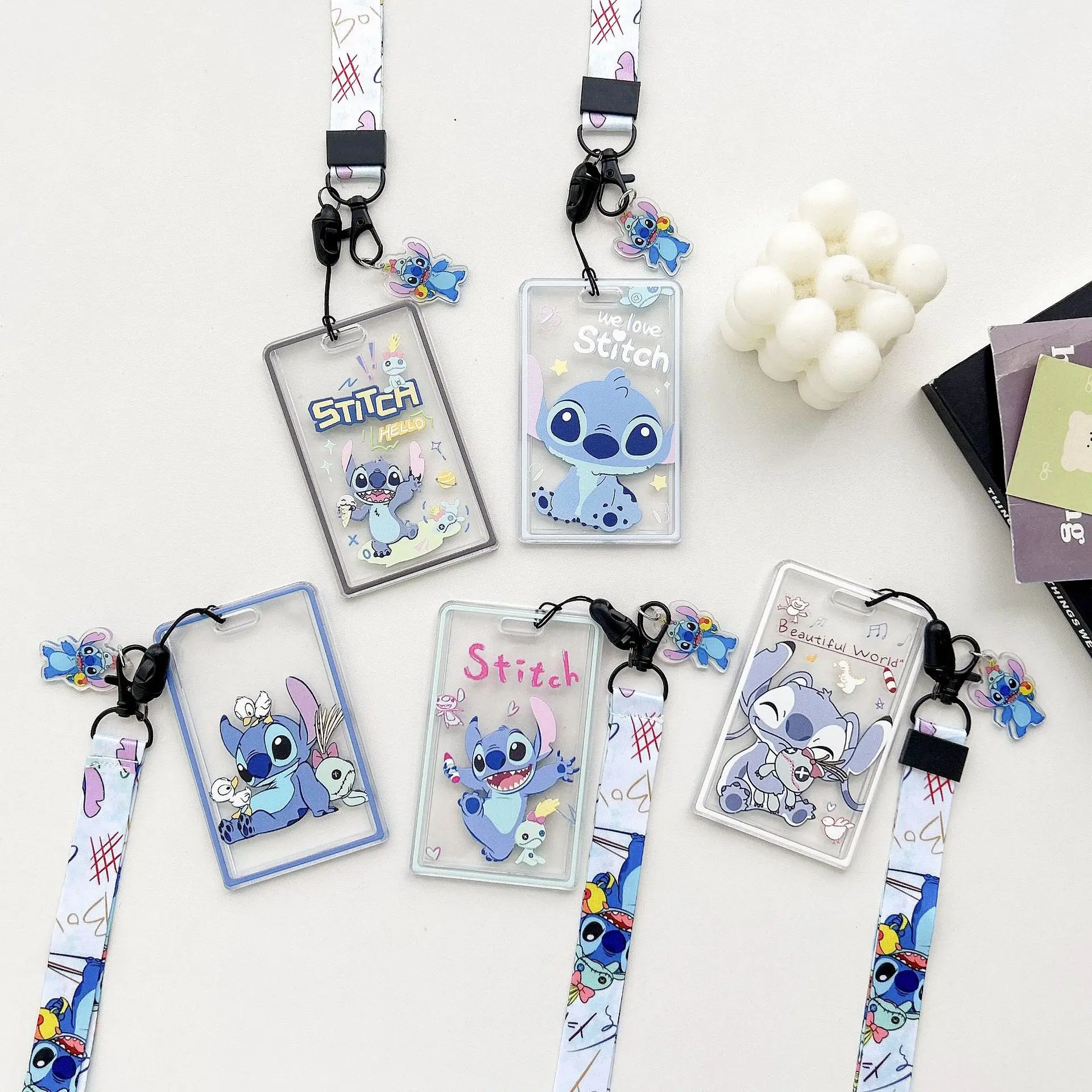 

Cute Stitch Card Holder Cartoon Anime Lanyard Cards Cover Keychain Credit Card ID Transparent Acrylic Scalable Card Holders Gift