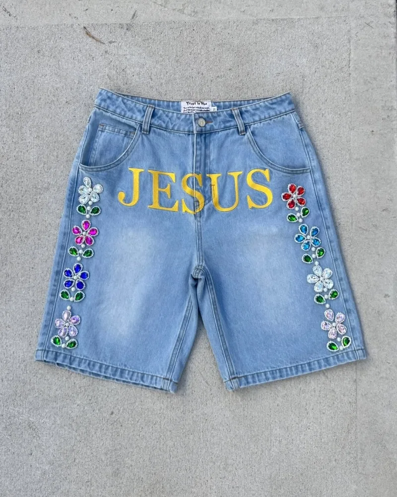 

Punk High Street Retro Hip Hop Harajuku Oversized Washed Denim Shorts Men Y2k Summer Gothic Letter Print Loose Wide Legs Women