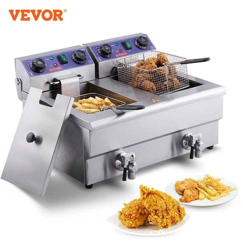 VEVOR Commercial Electric Deep Fryer w/Dual Tanks 12L Countertop Fryer w/Oil Filter and Timed for Fried Chicken French Frie