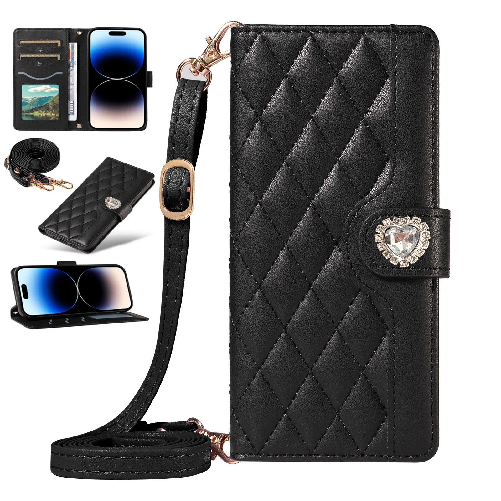 

Crossbody Flip Case for Honor Magic 7 Pro 6 5 Lite Rhombus Diamond Leather 3 Cards Slot Wrist Strap Wallet Book Cover