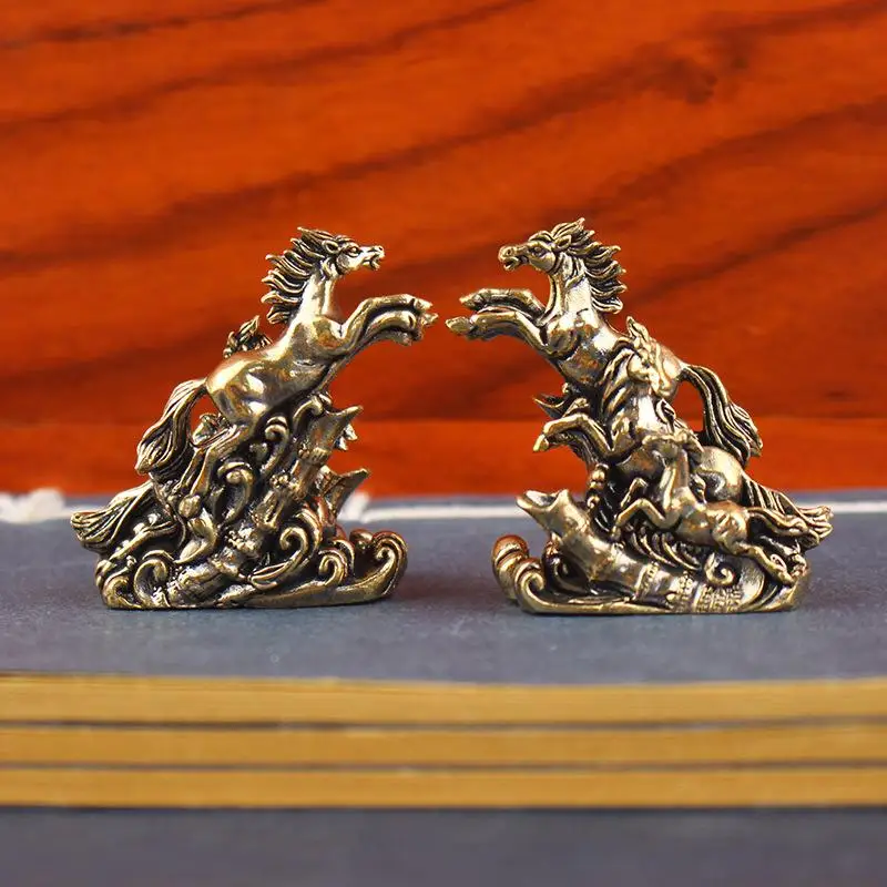 Vintage Solid Brass Galloping Horses Statue Feng Shui Chinese Figurine Retro Desktop Office Decor & Collectible Art Ornament
