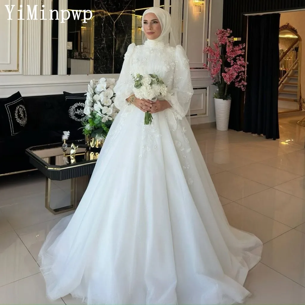 

Muslim Wedding Dresses for Hijab Women Bride High Collar Long Puff Sleeve A Line 3D Floral Appliques Summer Bridal Gown Custom
