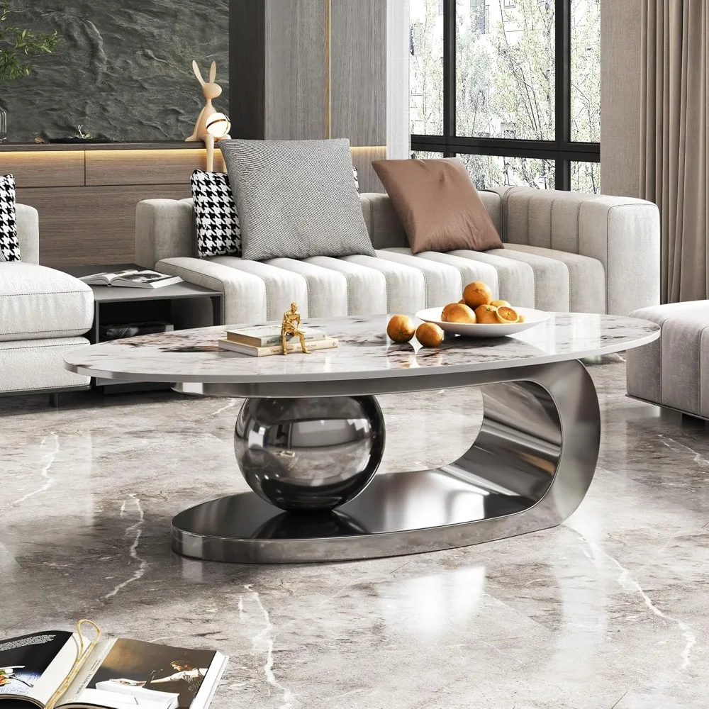 

Modern Oval Stone Coffee Table, 51.2 Faux Marble Coffee Tables with Geometric Stainless Steel Base, Luxury White and Silver Cent