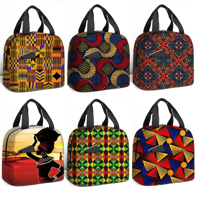 African Women Print Lunch Bags Cooler Reusable Lunch Tote Bag Picnic for Travel Afro Ladies Outdoors Portable Thermal Lunch Box