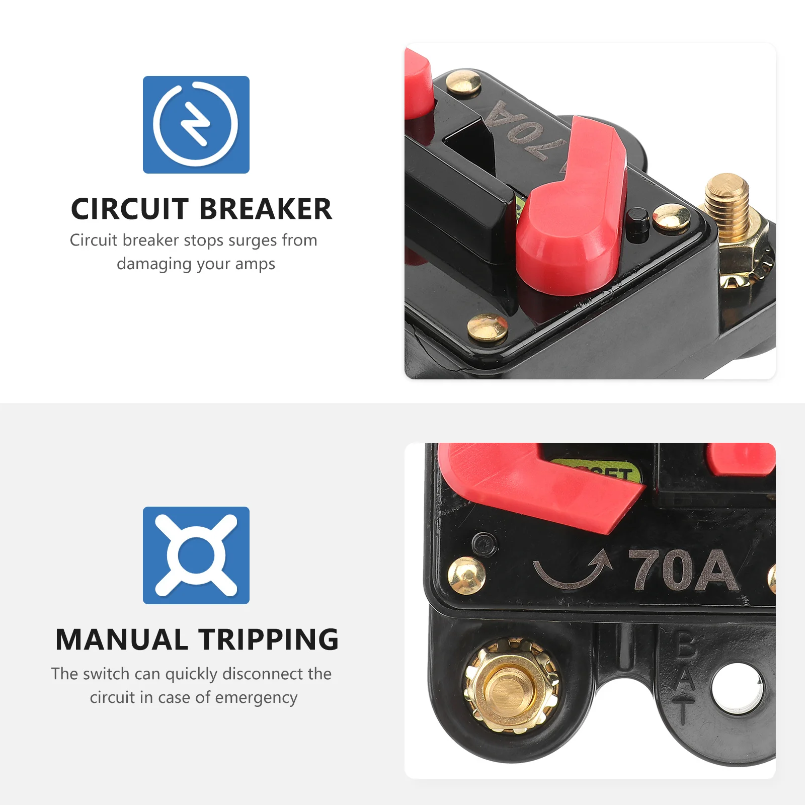 

70 Amp Circuit Breaker Auto Reset Manual Marine Car Boat Bike Audio Terminal Inline Fuse Compact Lightweight Push Button Reset