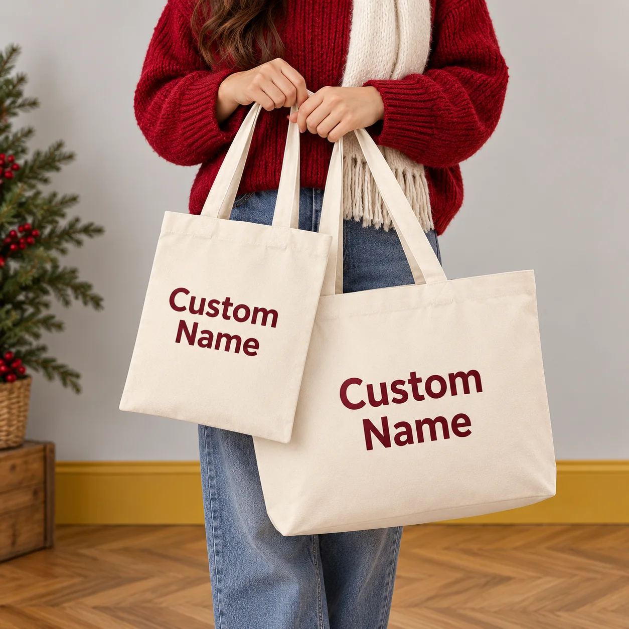 Personalized Canvas Tote Bag Two Size Custom Name Photo Logo Reusable Holiday Shopping Carryall For Women Friends Christmas Gift