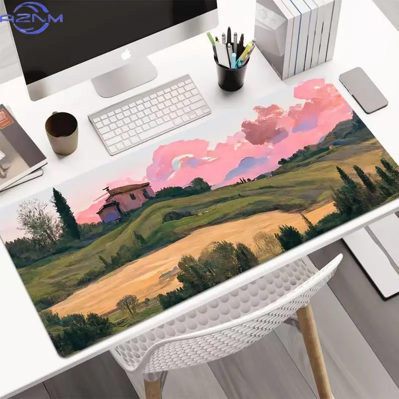 Pastel Sunset Countryside Oil Painting Mouse Pad, Waterproof Non‑Slip Mouse Mat for Artistic Desktop Decor
