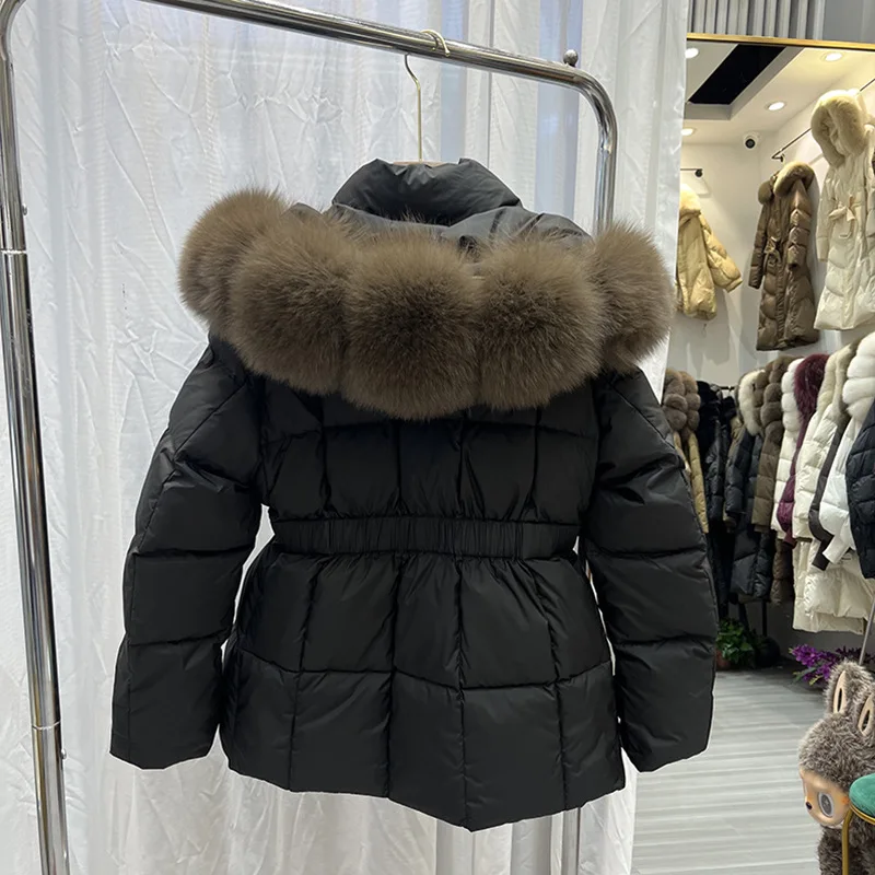여성용 덕다운 패딩 재킷, 신상 리얼 퍼 아우터, 따뜻한 여성용 깃털 코트 및 파카, 후드가 있는 중간 길이 코트