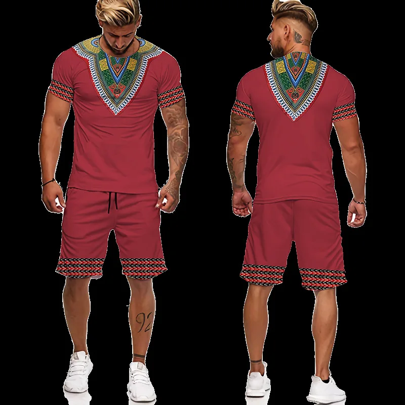 Summer African Ethnic Style Print Men\'s T Shirt+Shorts 2PCS Outfits Casual Shorts Sets 3D Oversized Man Clothes O-Neck Tracksuit