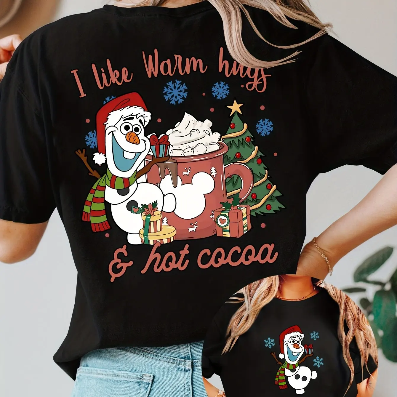 

Disney Short Sleeved Cartoon Cute Snow Treasure and Christmas Gift Double-sided Printed Round Neck