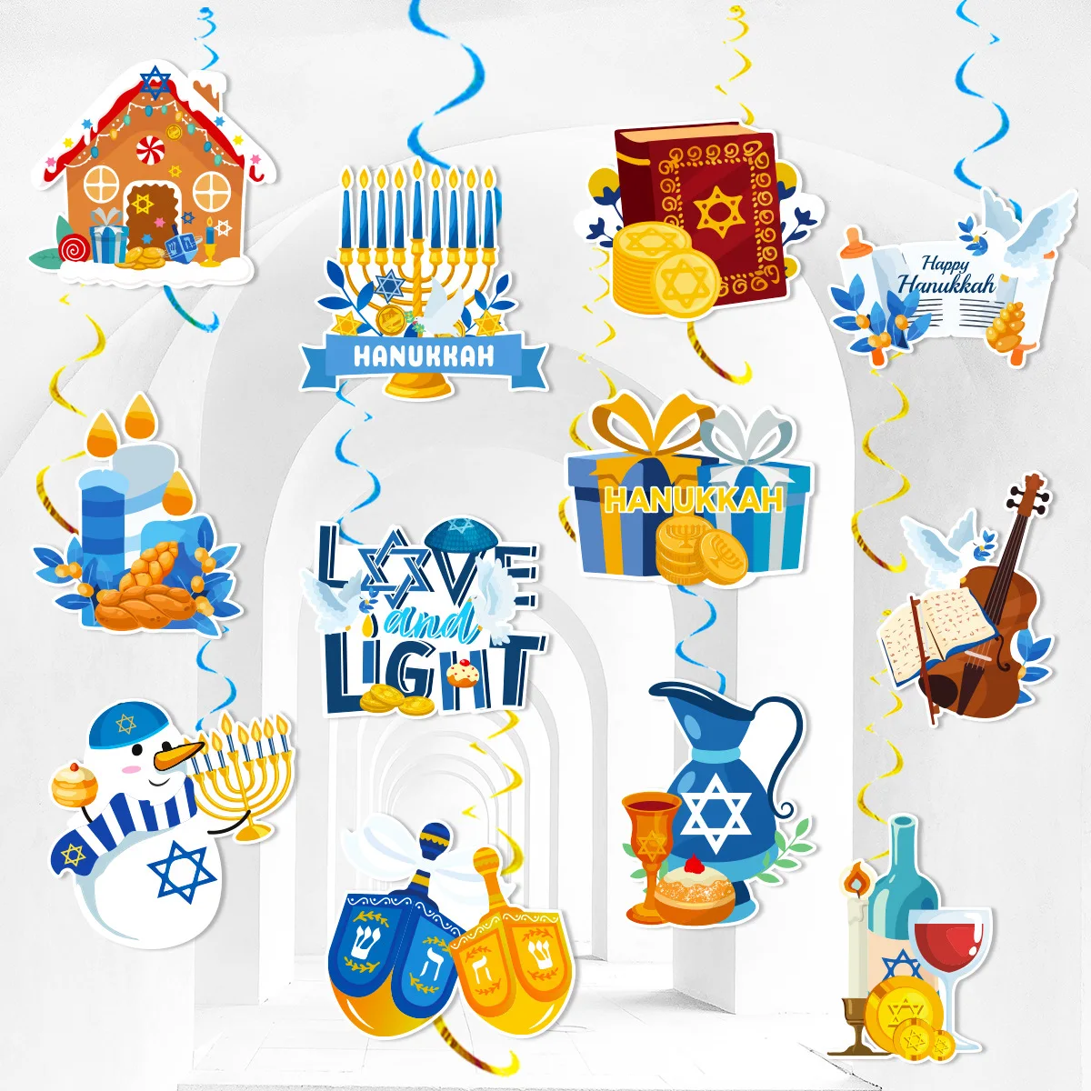 12Pcs/set Hanukkah Theme Spiral Banner Chanukah Candle Swirl Hanging Garland for Jewish Happy Hanukkah Party Decoration