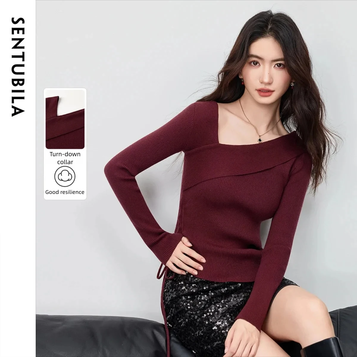 SENTUBILA Women's Pullovers 2026 Autumn Side Drawstring Waist Slim-Fit Turn-down Asymmetric Collar Knitwear Tops W53HA3051