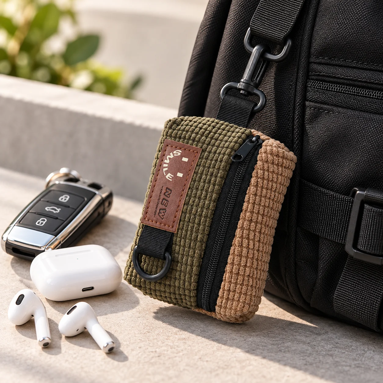 Mini Corduroy Keychain Pouch Zipper Coin Purse Car Key Wallet Earphone Bag with Rotating Clip for Backpack Men Women