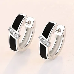 Genuine 925 Sterling Silver Vintage Black Enamel Crystal Hoop Earrings For Women Girls Wedding Engagement Fashion Jewelry