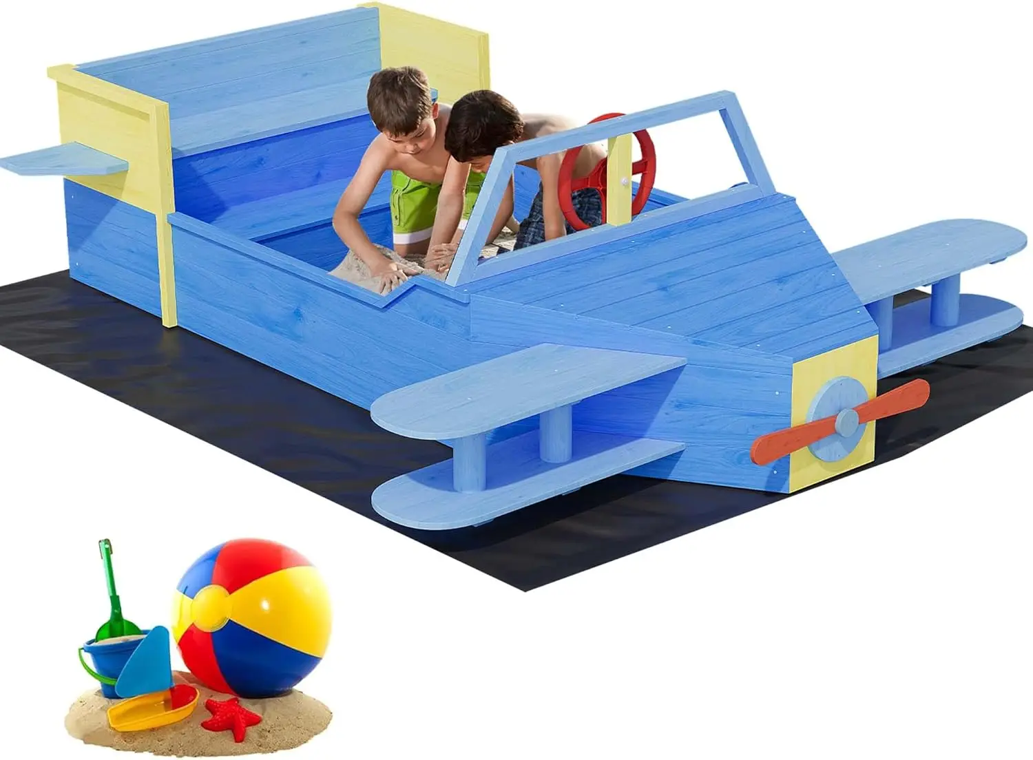

Airplane Wooden Sandbox, Outdoor Sand Box with Bottom Liner, Kids Sandpit w/Propeller, Rudder, Wings for Ages 3-8, Spacious Kids