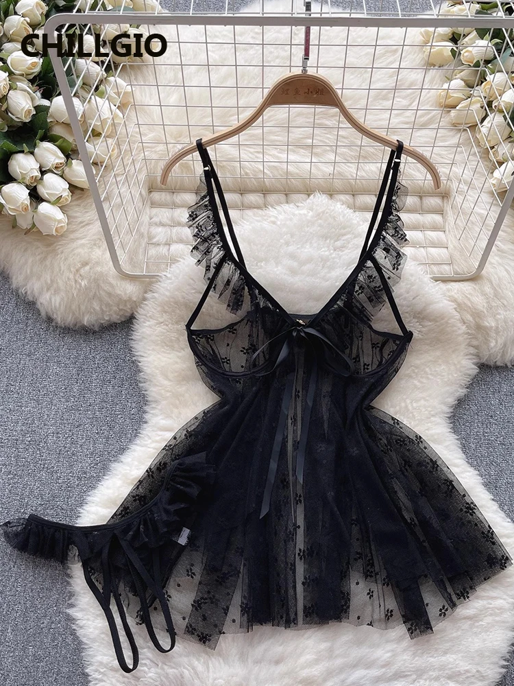 CHILLGIO Women Floral Ruffled Spahgetti Strap Lace Dress Fashion Sexy Mesh Pajamas Suits Erotic Sleepwear Transparent Nightgowns