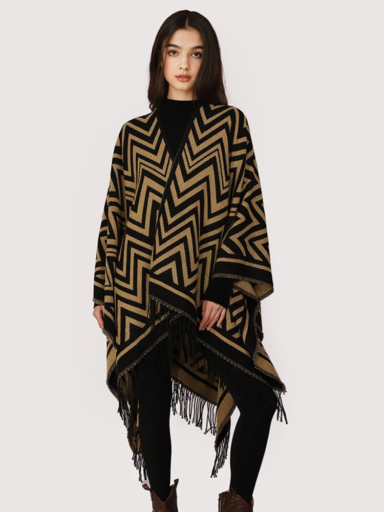 

Зимний женский шарф, женское многослойное пончо, элегантная полосатая накидка в стиле ретро, шаль, шарф, плащ из пашмины, имитация кашемира