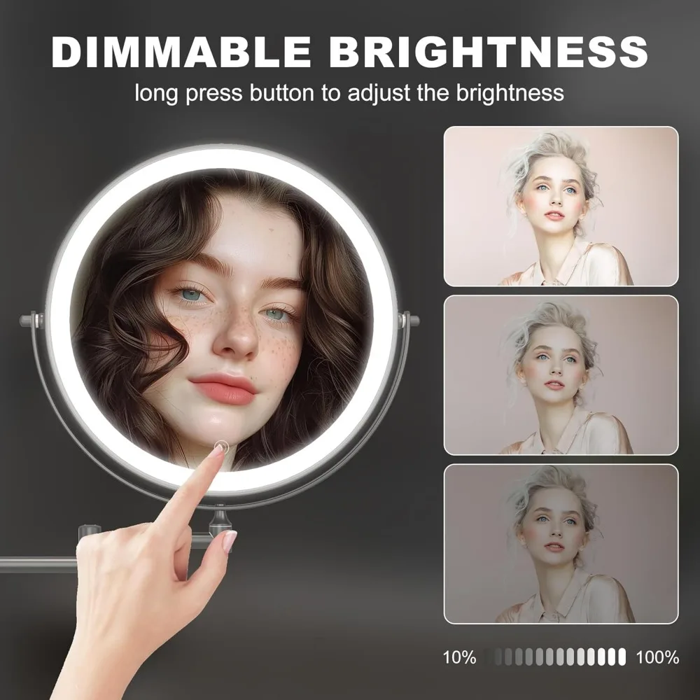 10-Inch Wall Mounted Makeup Mirror with Magnification, Rechargeable 3000mAh LED Vanity Mirror with Dimmable Lights
