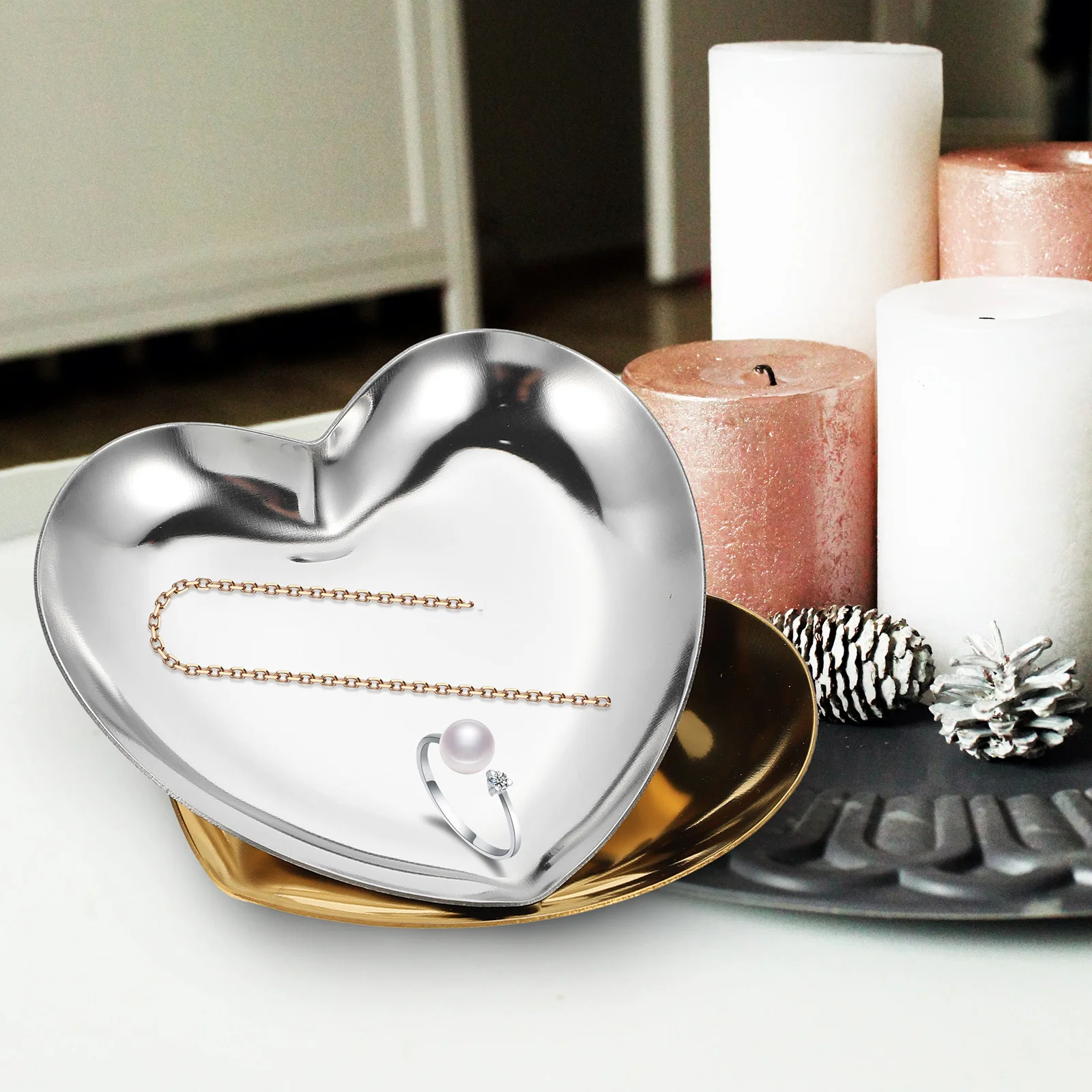 

2Pcs Heart Jewelry Tray Stainless Steel Storage Multipurpose Jewelry Holder Ring Necklace Display Tray Nordic Style Desktop